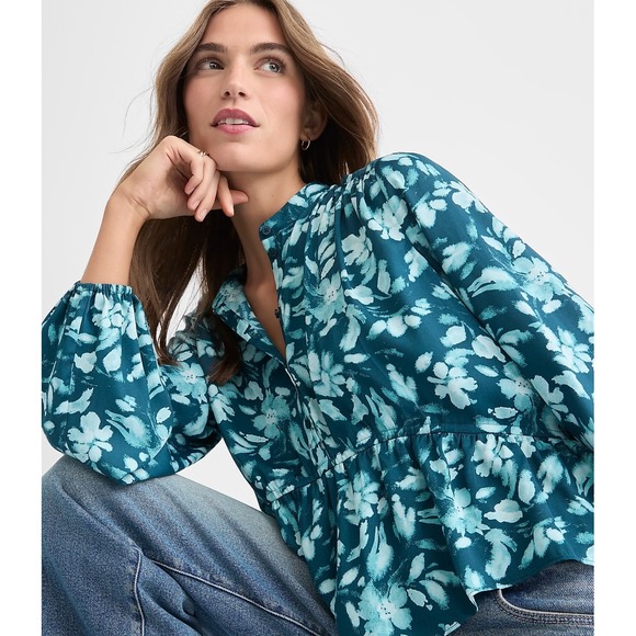 LOFT Tops - LOFT Floral Gathered Peplum Blouse 8 Petite Deep Forest Green
